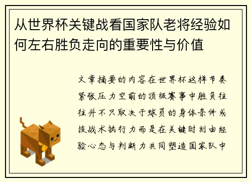 从世界杯关键战看国家队老将经验如何左右胜负走向的重要性与价值